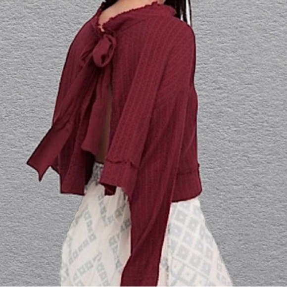NWT! Free People Burgundy/Merlot Blouse with Back Bow Detail, Size Large - Picture 1 of 6